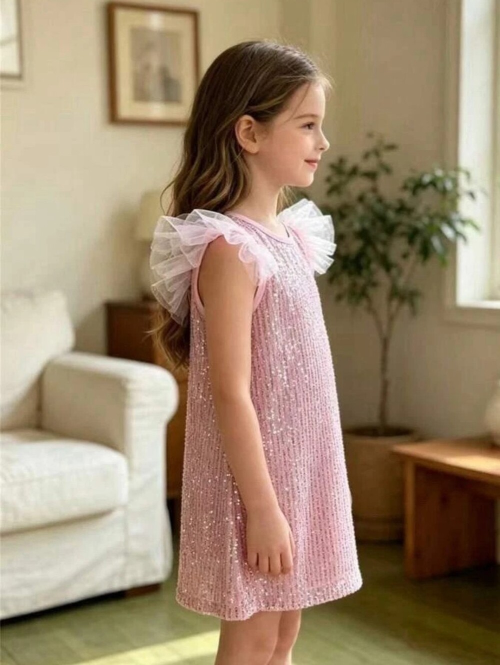 Grace Karin Pink Sequin Ruffle Sleeve Girls Party Dress